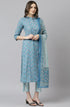 Blue Cotton Floral Print Kurta with Pant and Dupatta